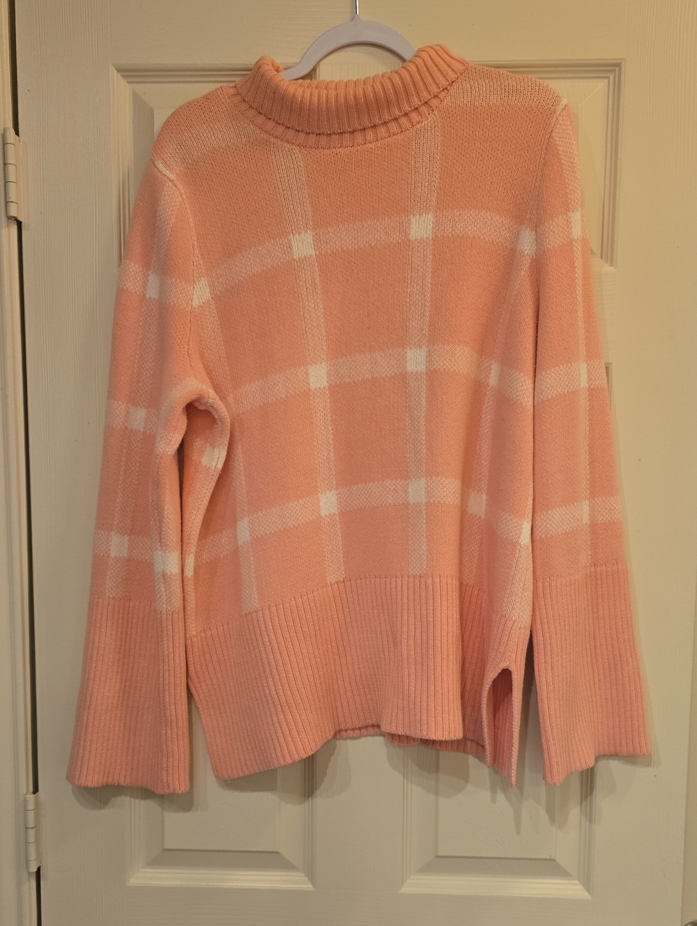 Free Assembly Cozy Plaid Mock Neck Sweater - Peach & White Windowpane Check